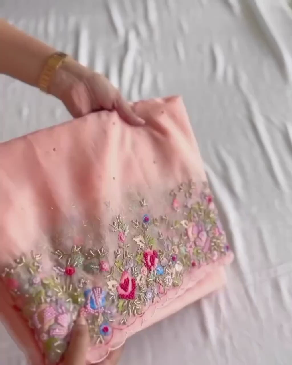 New Primiume Quality Faux Georgette Embroidered Work Cut and Hand Work Border Saree