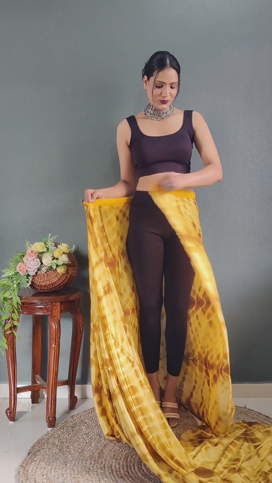 One Minute Ready to Wear New Premium Quality Yellow Sibory Print Silk Saree