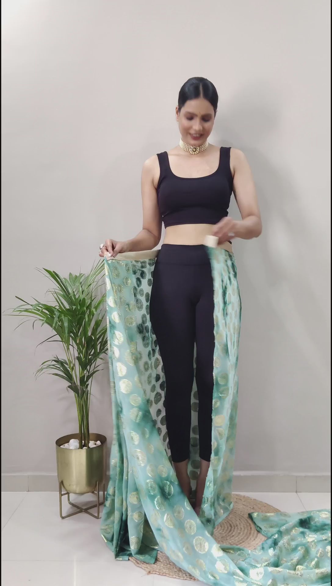 One Minute Ready to Wear New Trendy Design Green Silver Saree