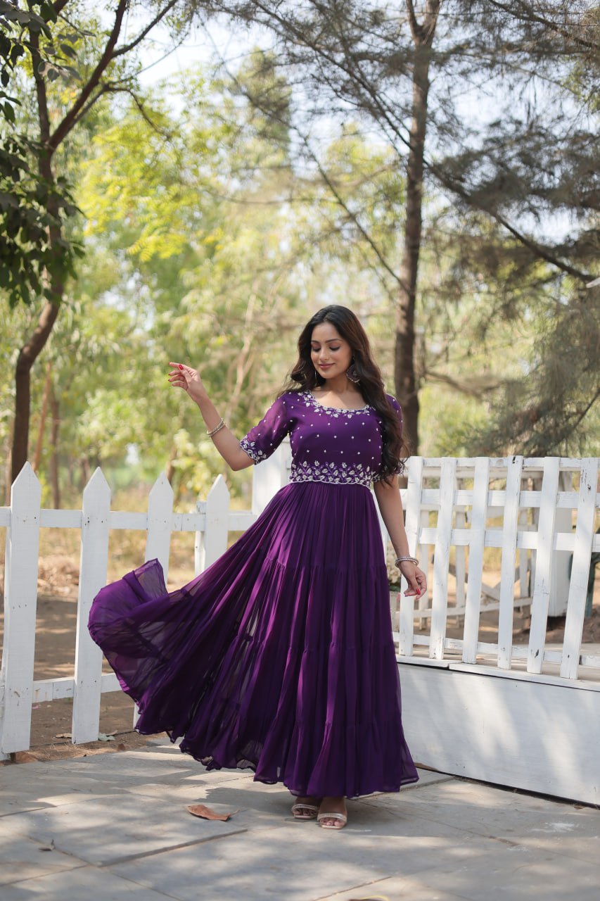 PREMIUM DESIGNER READYMADE GOWN WITH BEADS EMBROIDERY WORK - PURPLE