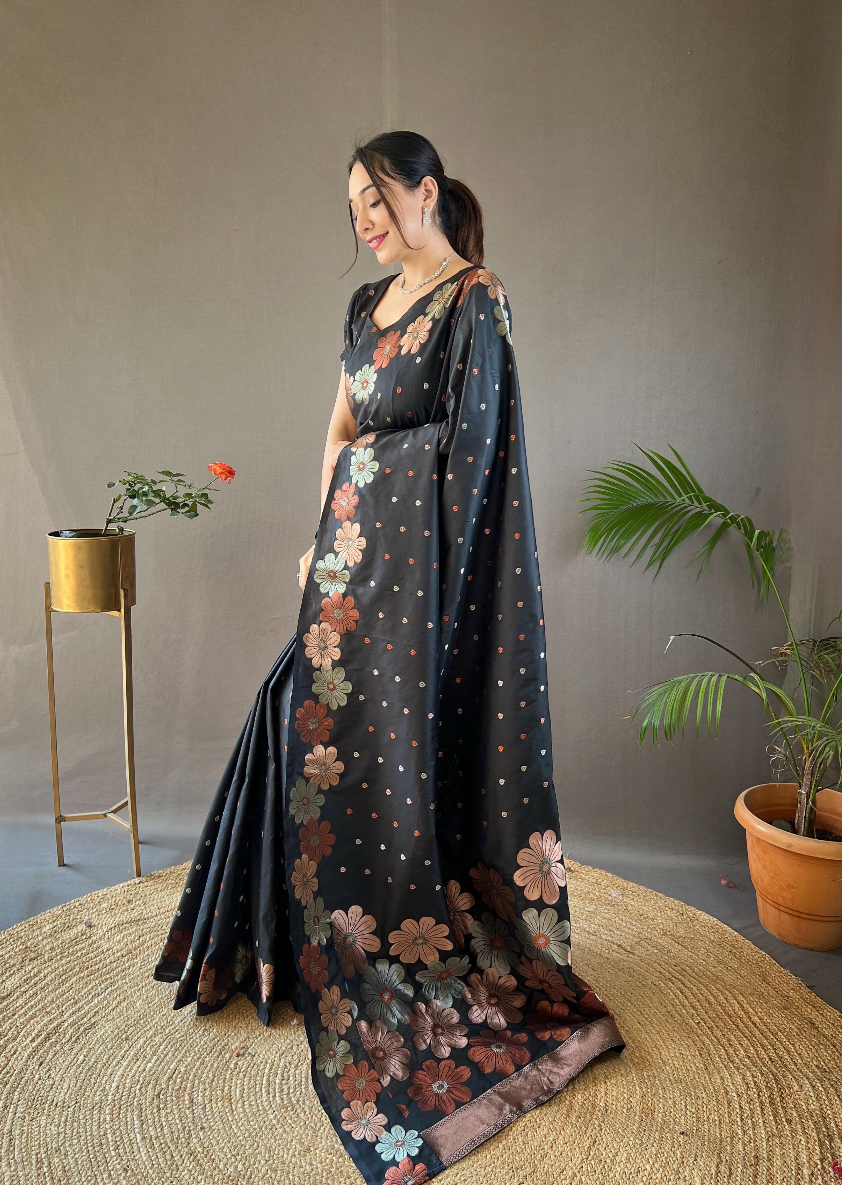 New Designer Pure Soft Silk Black Saree With Copper and Gold Weaving All Over Saree With Running Unstiched Blouse Piece