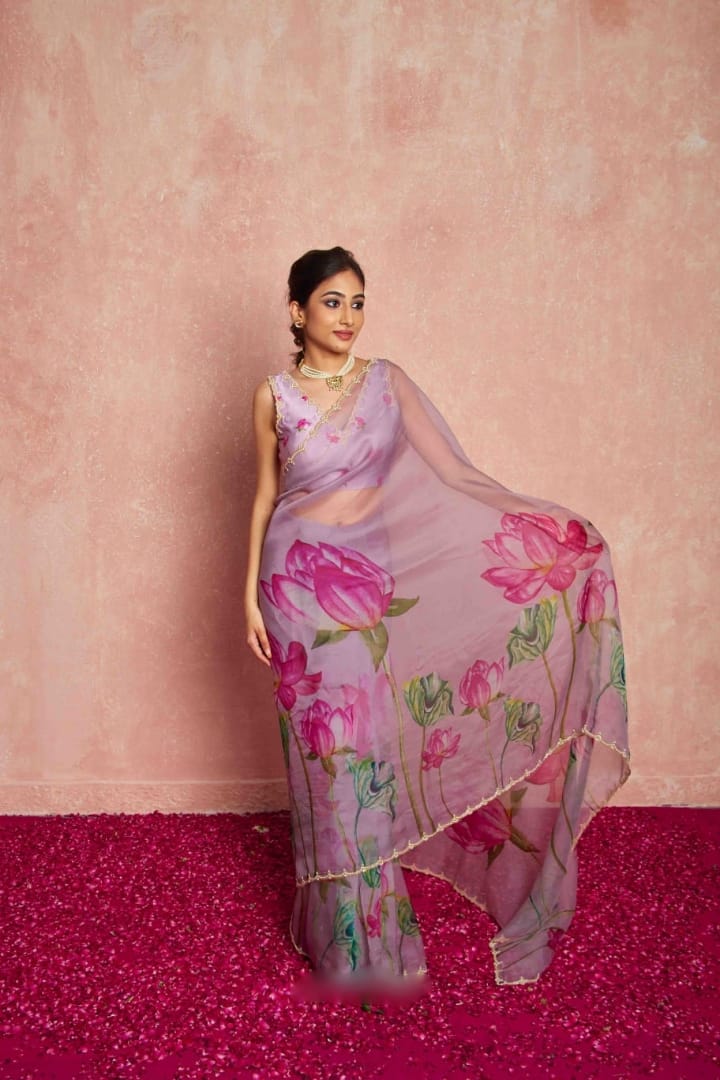 New One Minute Ready To Wear Soft Organza Silk Lavender Saree with Beautiful Hand Worked Moti  And Val Work With Same Handworked Stiched Blouse