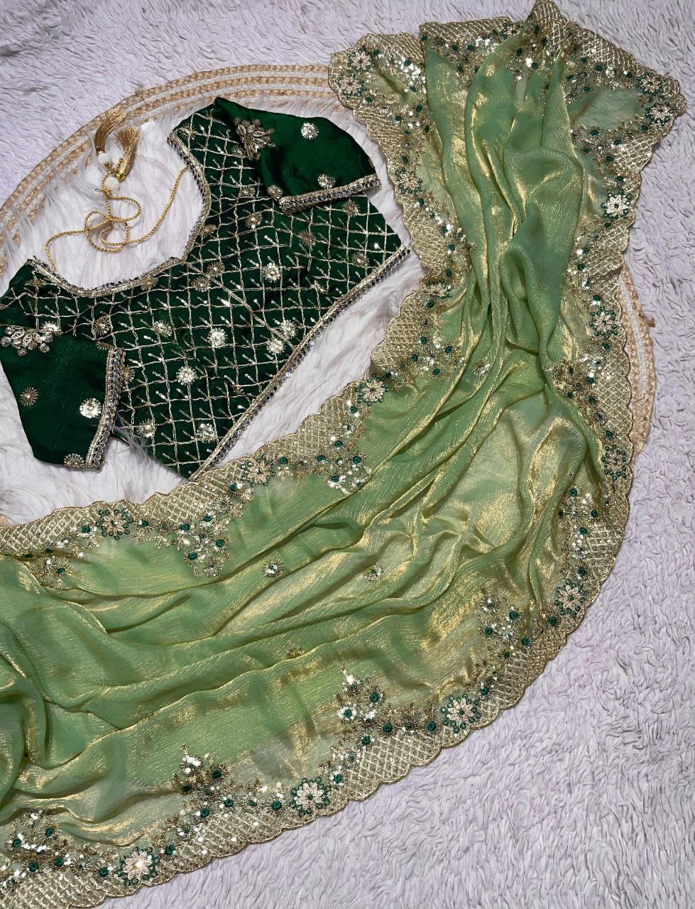 New Designer Fendy Chiffon Two Tone Saree - Green