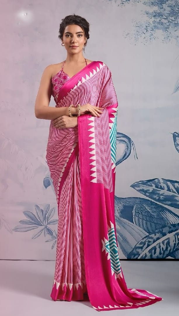 New One Minute Ready To Wear Digital Printed Crape Silk Pink Saree