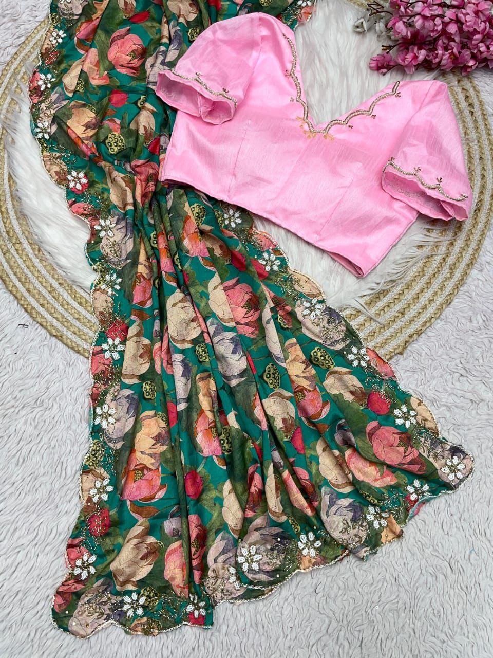 New Designer Flower Digital Printed Soft Chinnon Bottle Green Saree