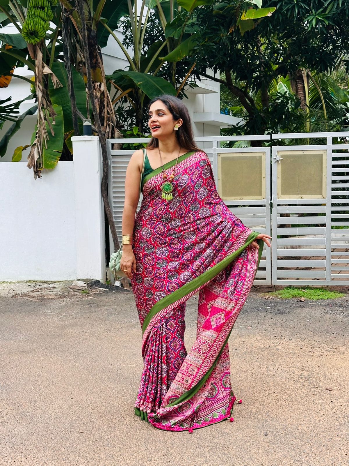 New One Minute Ready To Wear  Digital Printed Crape Silk Rani Pink-Green Saree