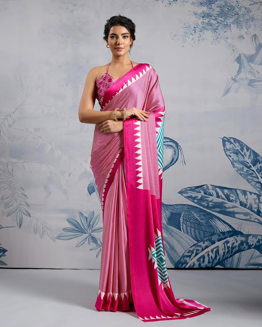 New One Minute Ready To Wear Digital Printed Crape Silk Pink Saree