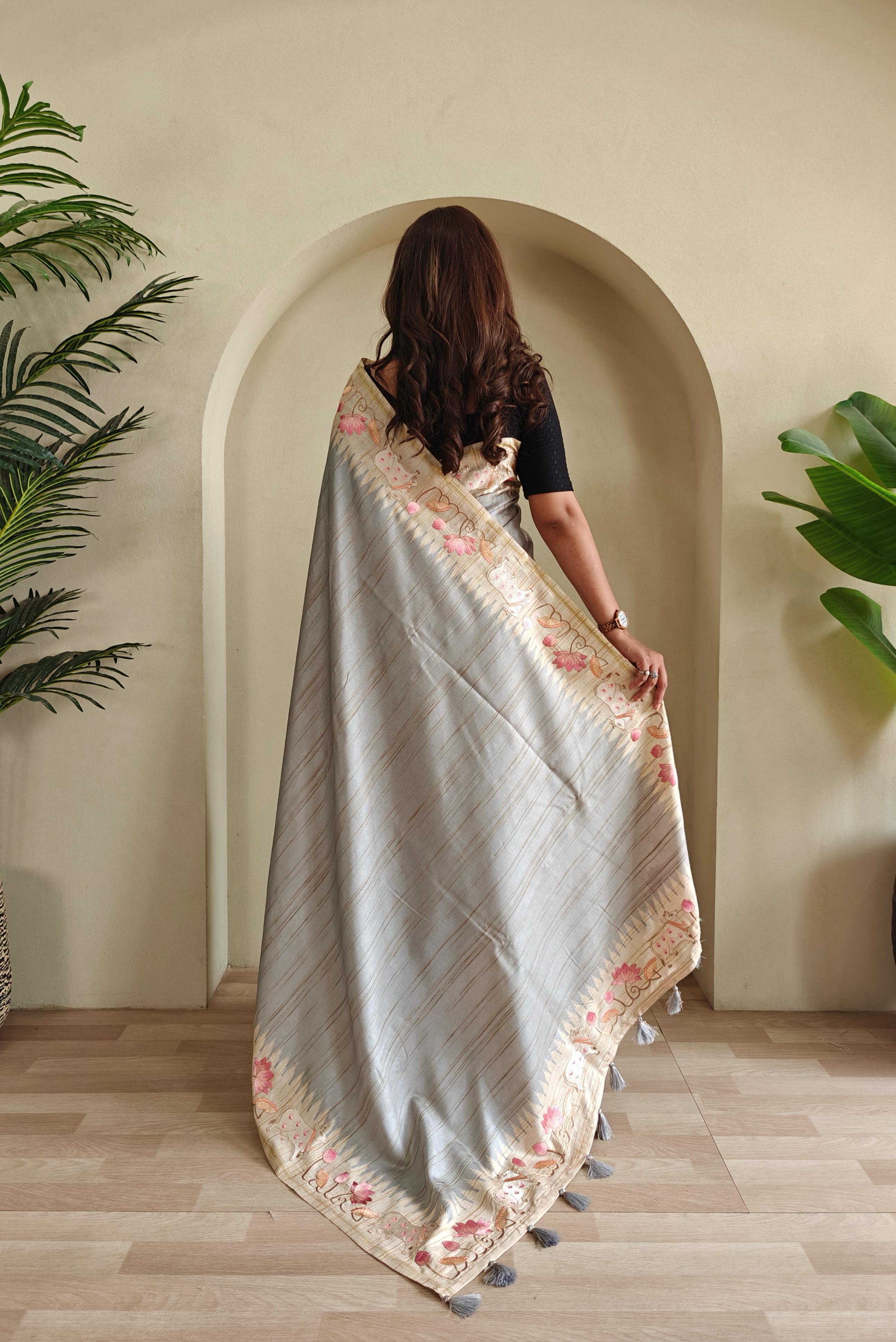 New Designer Premium Pure Loom Tusser Grey Saree With All Over Pichwai Style Embroidery Pattern and Pallu With Tassles Along With Unstiched Blouse Piece