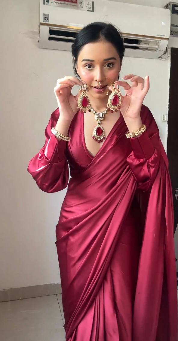 New One Minute Ready Wear Maroon Red Satin Saree