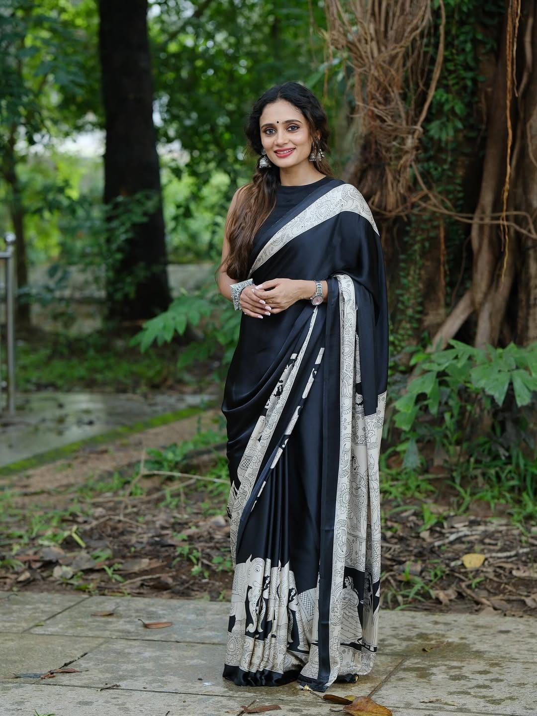 New One Minute Ready To Wear Elephant Digital Printed Crape Silk Cream-Black Saree