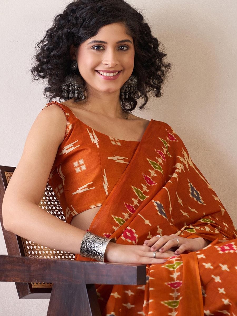 New One Minute Ready To Wear  Pure Soft Mul Cotton Silk Orange Saree With  Pocket Along With Running Unstiched Blouse Piece