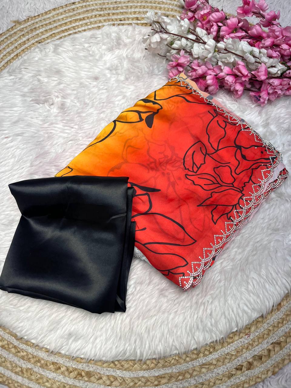 New Designer Bollywood Style Digital Printed Yellow & Orange Shade Soft Sattin Georgette Saree