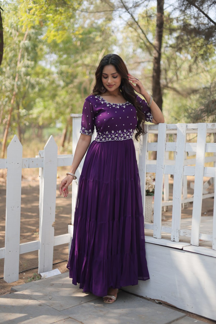 PREMIUM DESIGNER READYMADE GOWN WITH BEADS EMBROIDERY WORK - PURPLE