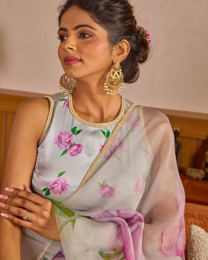 New One Minute Ready To Wear Soft Organza Silk Grey Saree with Beautiful Hand Worked Moti  And Val Work With Same Handworked Stiched Blouse