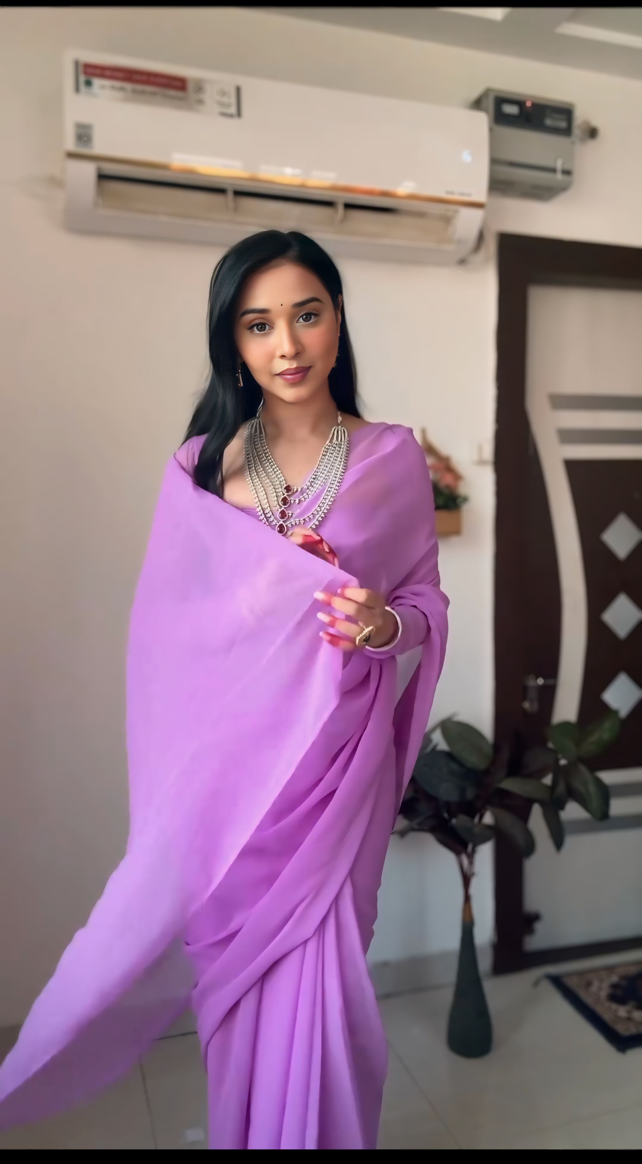 New One Minute Ready Wear Plain Lavender Georgette Saree