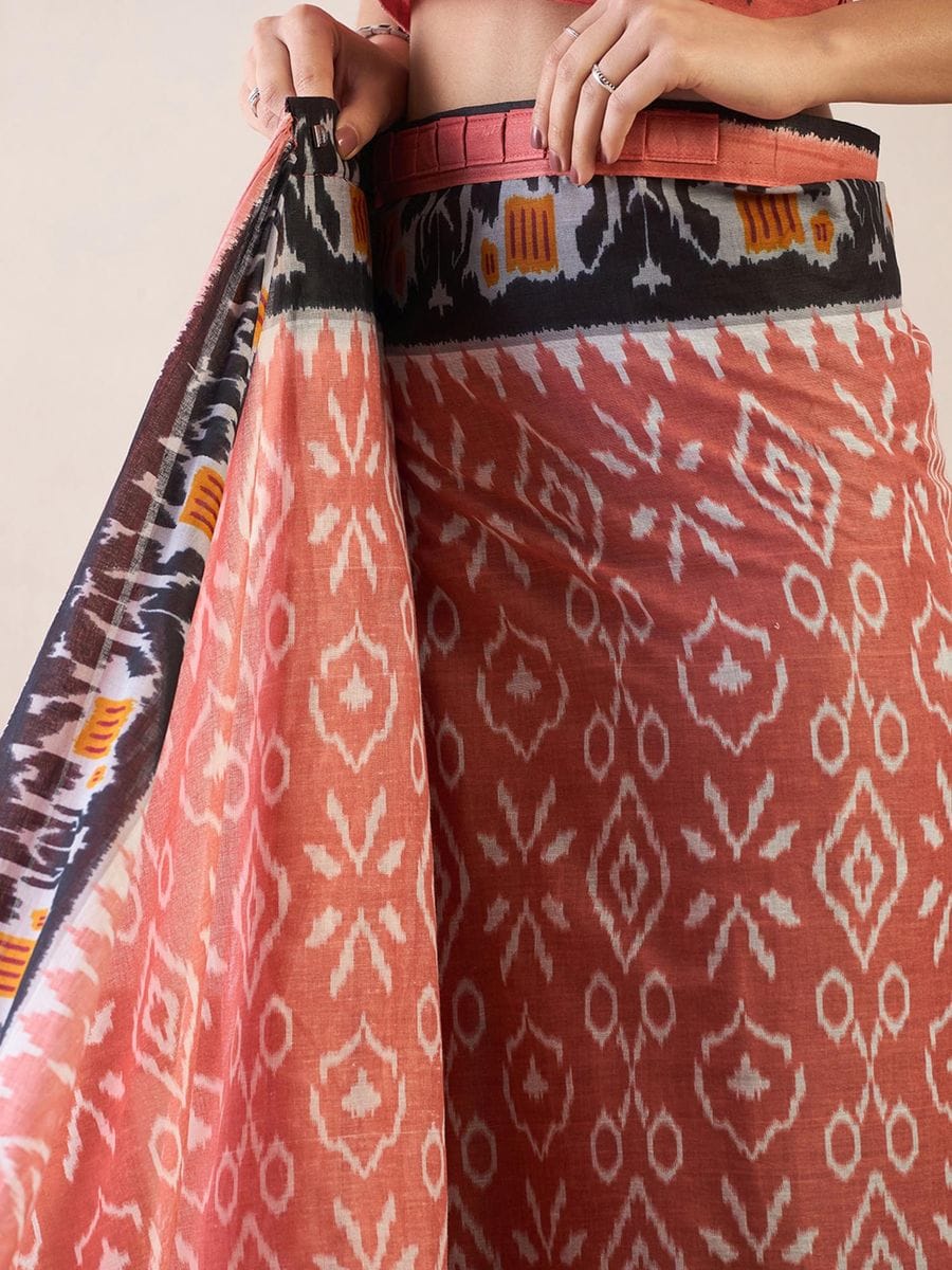 New One Minute Ready To Wear Flower Designed Pure Soft Mul Cotton Silk Peach Saree With  Pocket Along With Same Model  Unstiched Blouse Piece