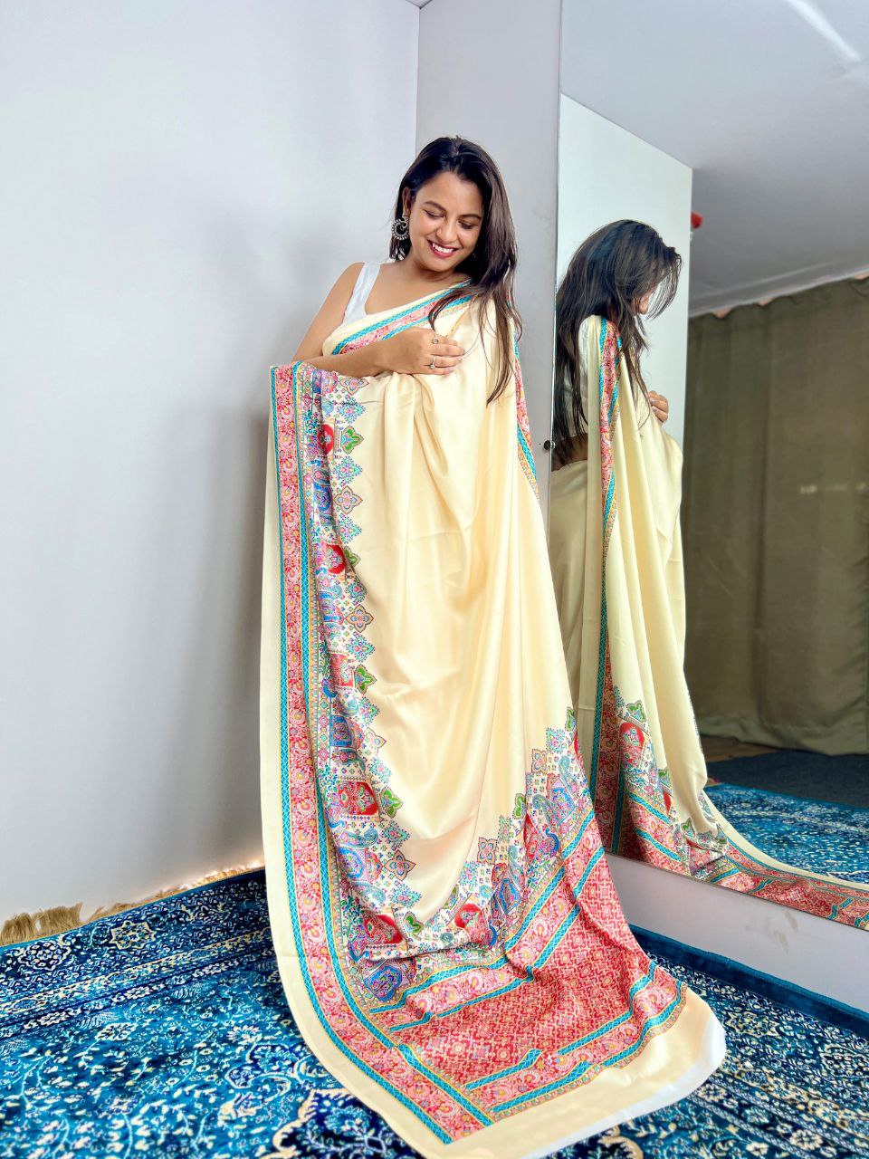 New Designer Premium Ajrakh Printed Cream Satin Saree