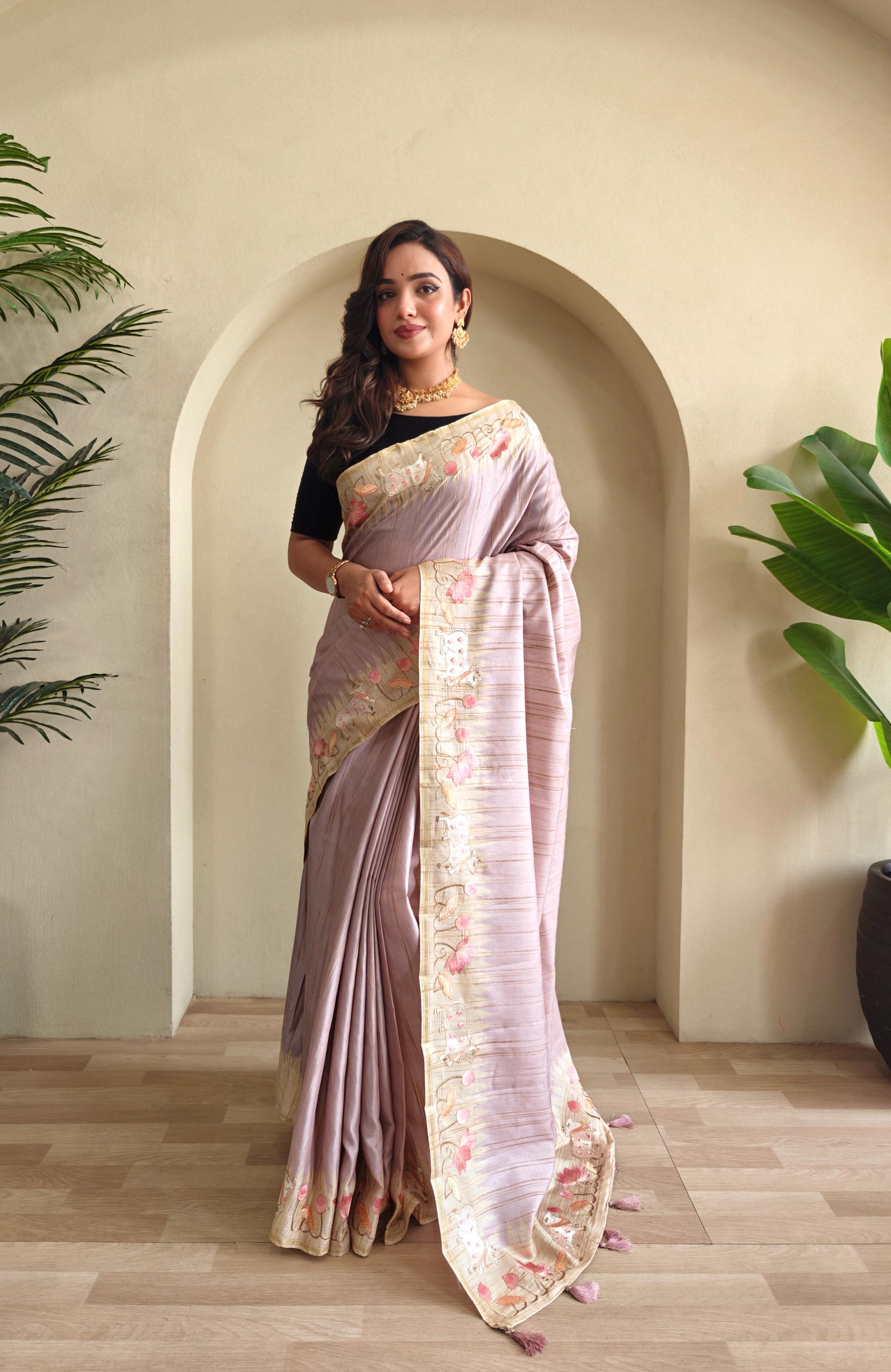 New Designer Premium Pure Loom Tusser Purple Saree With All Over Pichwai Style Embroidery Pattern and Pallu With Tassles Along With Unstiched Blouse Piece