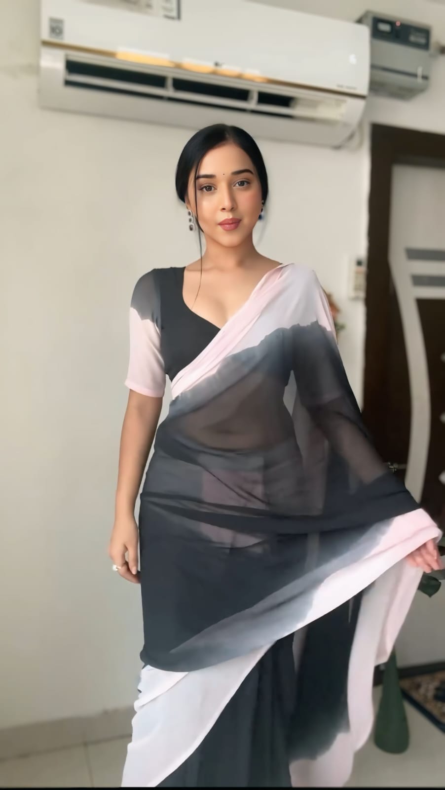 New One Minute Ready To Wear Pure Soft Georgette Silk Pink And Black Padded Designed Saree With Same Model  Unstiched Blouse Piece