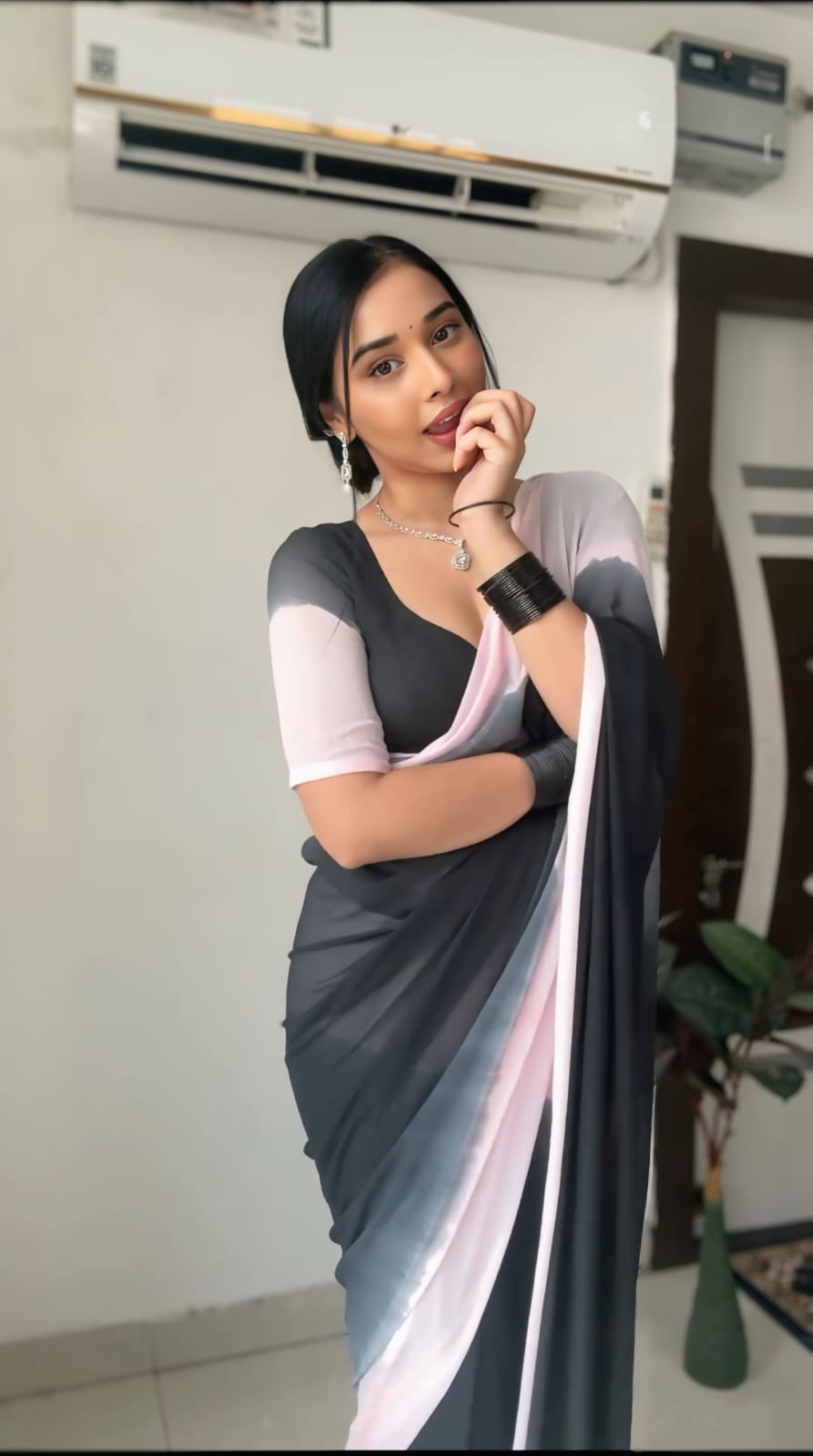 New One Minute Ready To Wear Pure Soft Georgette Silk Pink And Black Padded Designed Saree With Same Model  Unstiched Blouse Piece