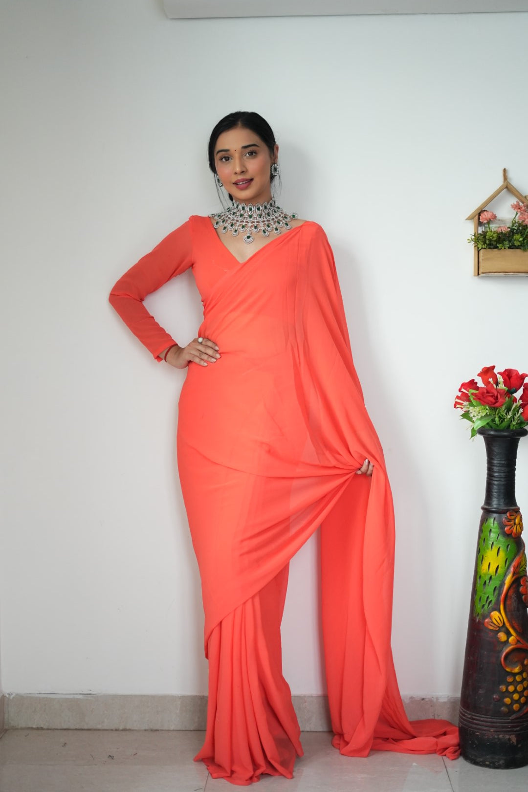 New One Minute Ready Wear Orange Georgette Saree