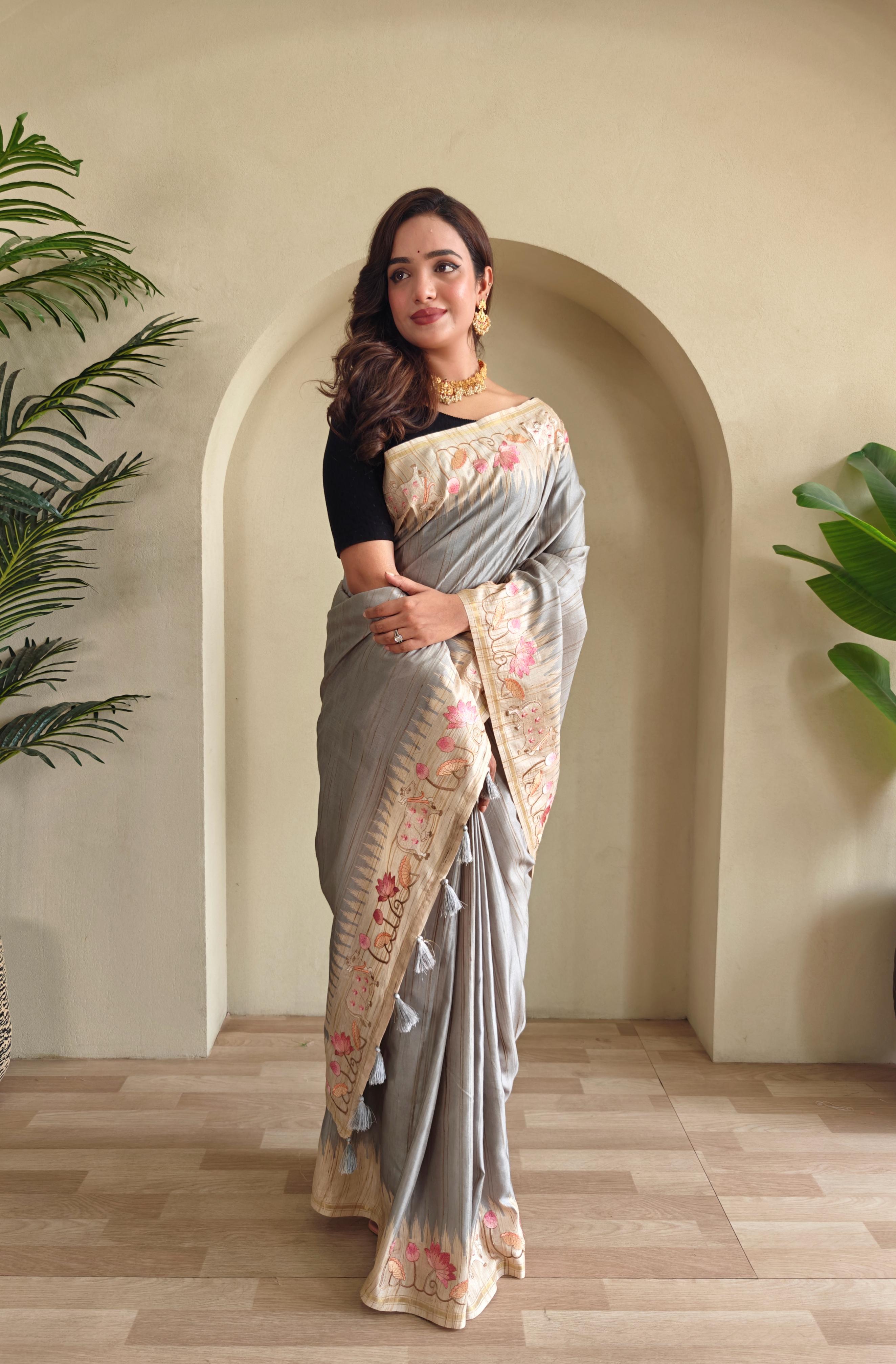 New Designer Premium Pure Loom Tusser Grey Saree With All Over Pichwai Style Embroidery Pattern and Pallu With Tassles Along With Unstiched Blouse Piece