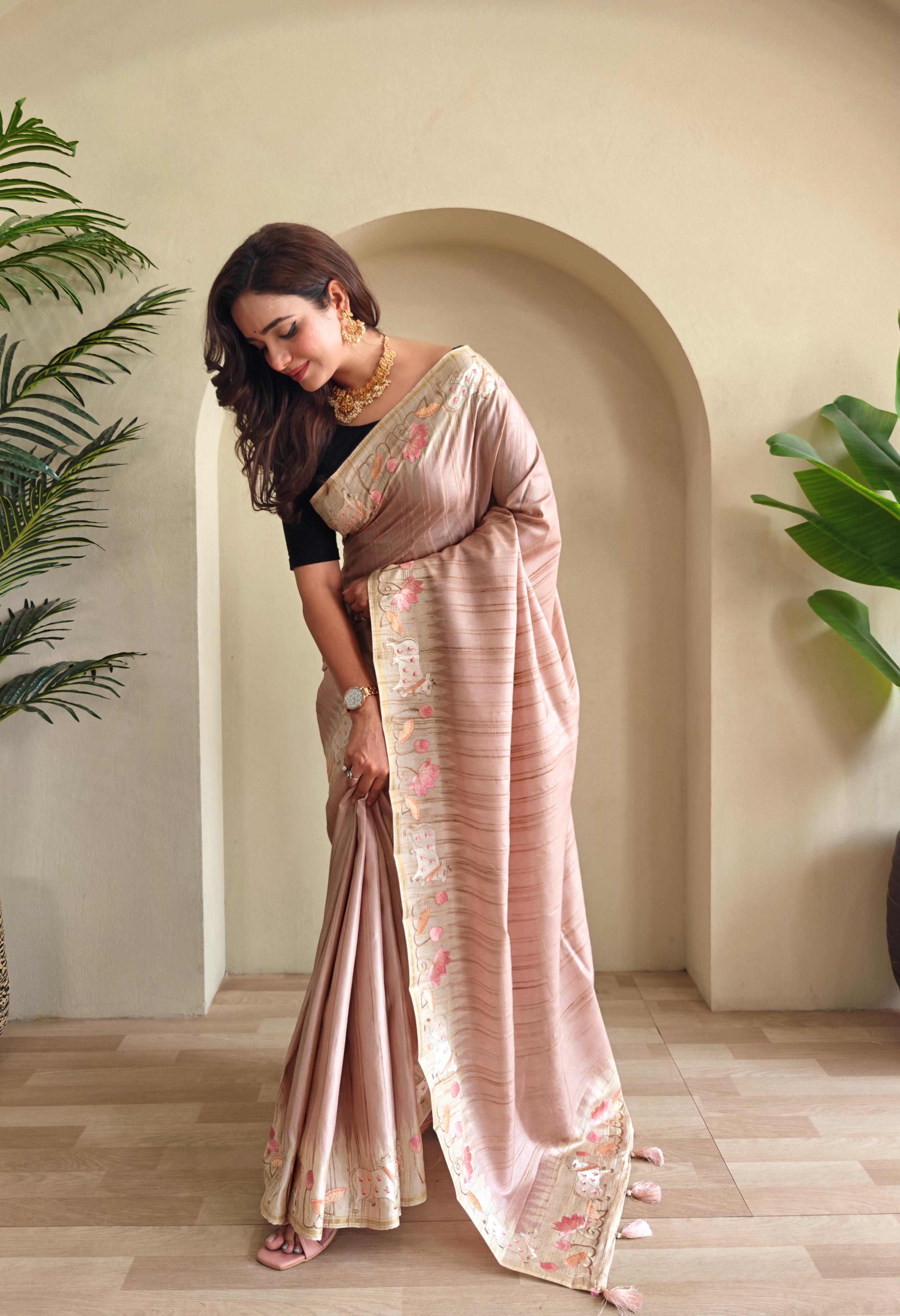 New Designer Premium Pure Loom Tusser Rusty Pink Saree With All Over Pichwai Style Embroidery Pattern and Pallu With Tassles Along With Unstiched Blouse Piece