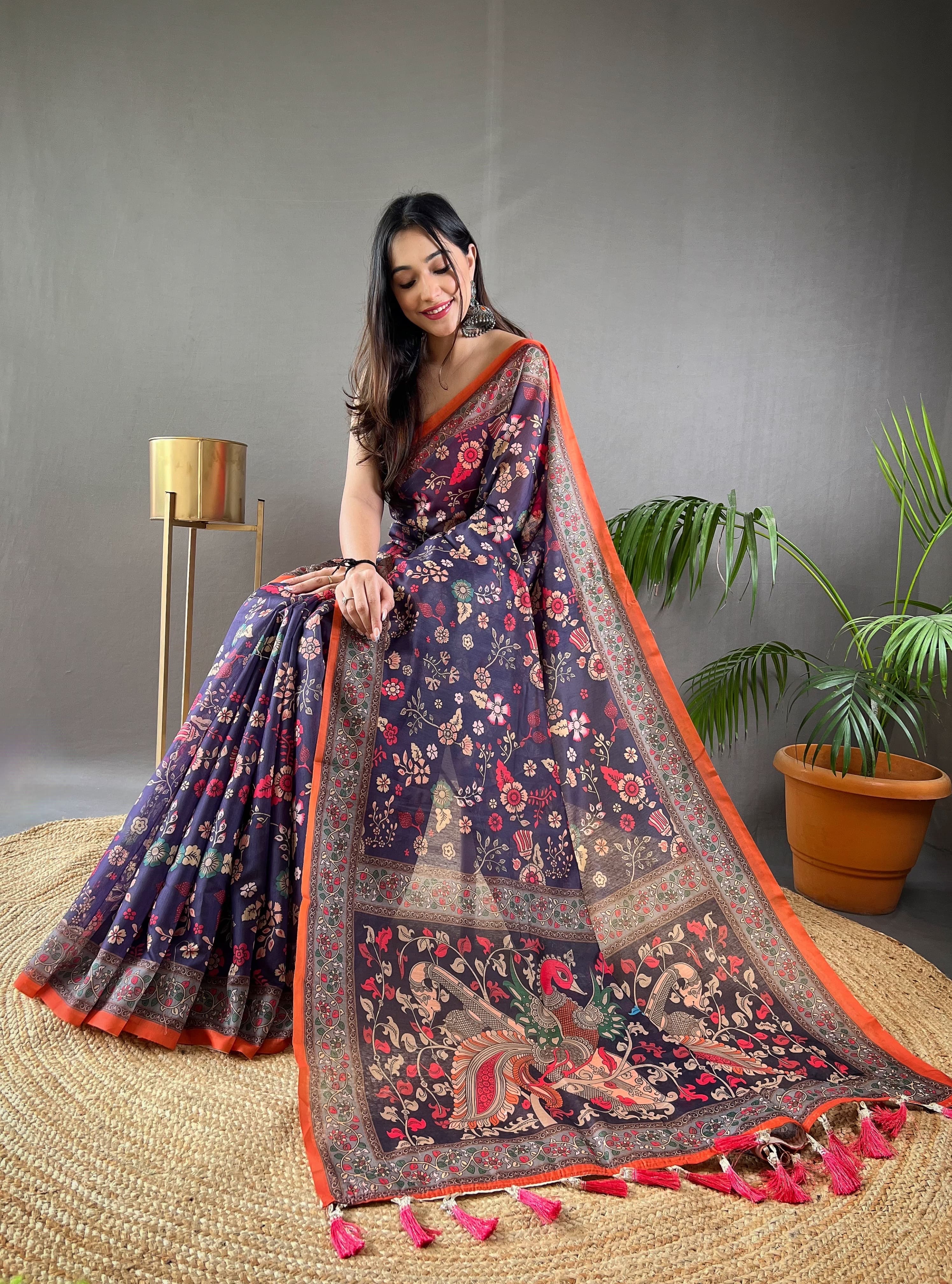 New Designer Pure Malai Cotton Saree With Beautiful Kalamkari Prints Along With Contras Big Pallu With Tussels - Navy Blue