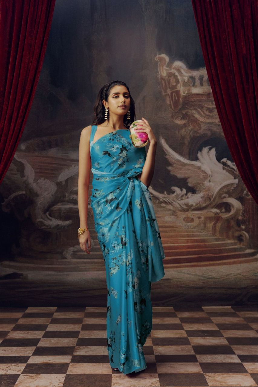 New Designer Premium Flower Printed Satin Teal Blue Saree