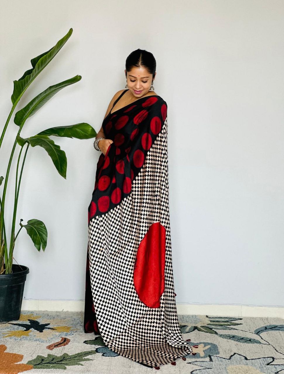New Designer Premium Ajrakh Printed Red Dotted Gajji Silk Saree With Latkan