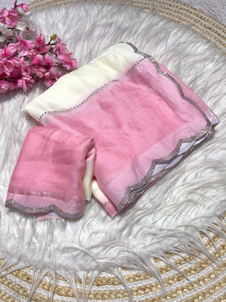 New Designer Fandy Sattin Panding Saree With Jarkhan Work - Baby Pink