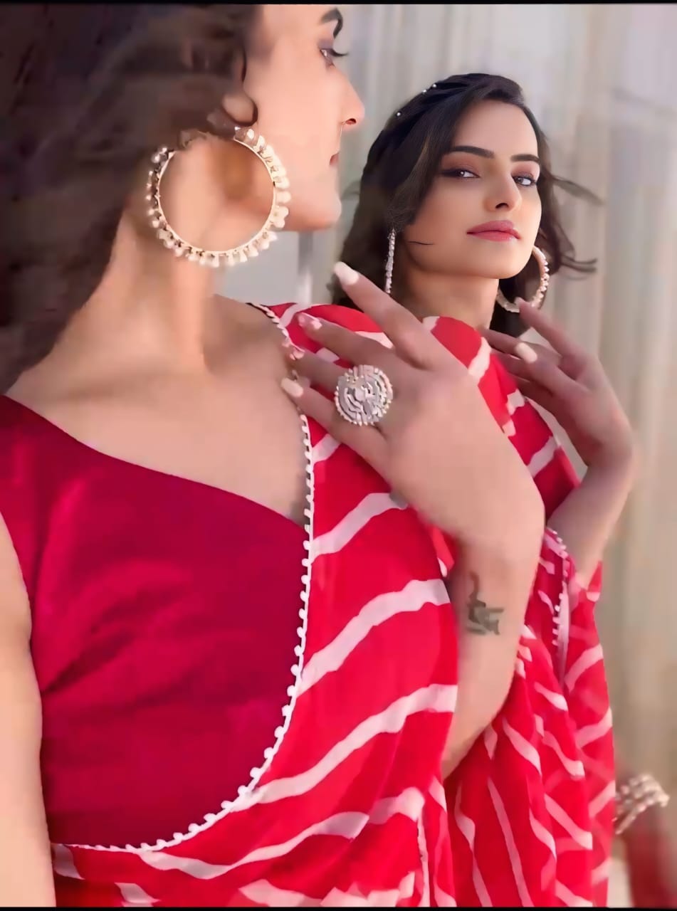 New One Minute Ready To Wear  Pure Soft Georgette Silk Leheriya Printed Red Saree With Same Model Unstiched Blouse