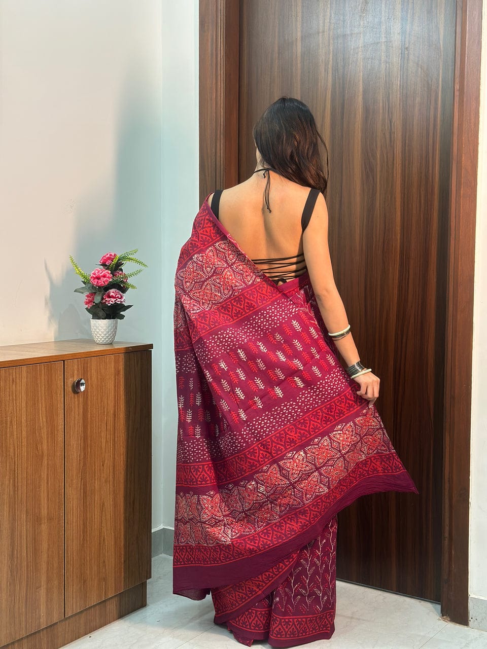 New One Minute Ready To Wear Pure Soft Mul Cotton Silk Maroon Red Saree With Pocket