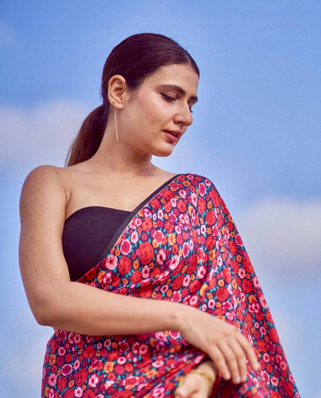 New Designer Original Japan Satin Flower Printed Saree