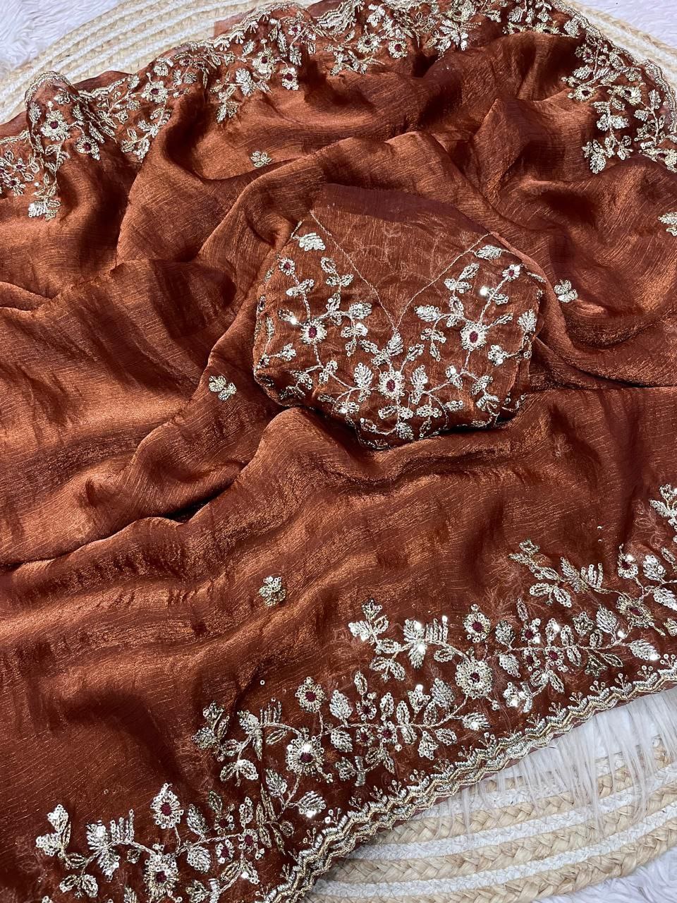 New Designer Fendy Chiffon Two Tone Saree - Chocolate Brown