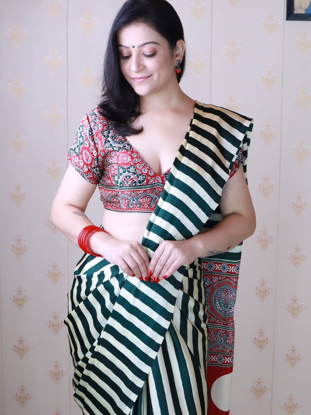 New One Minute Ready To Wear Digital Printed Crape Silk Green-White Saree