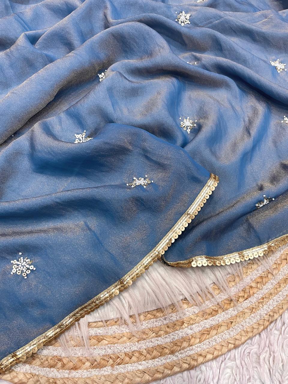New Designer NC Moss Sattin Saree With All Over Birts Sequence Butti Work - Blue