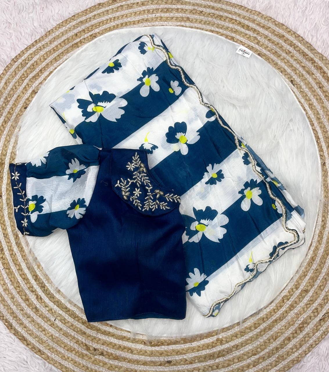 New Designer Digital Printed Chinnon Saree - Blue