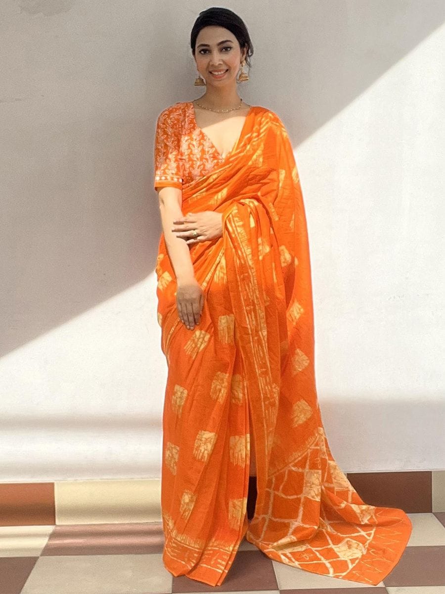 New One Minute Ready To Wear  Pure Soft Mul Cotton Silk Orange Saree With  Pocket Along With Running Unstiched Blouse Piece