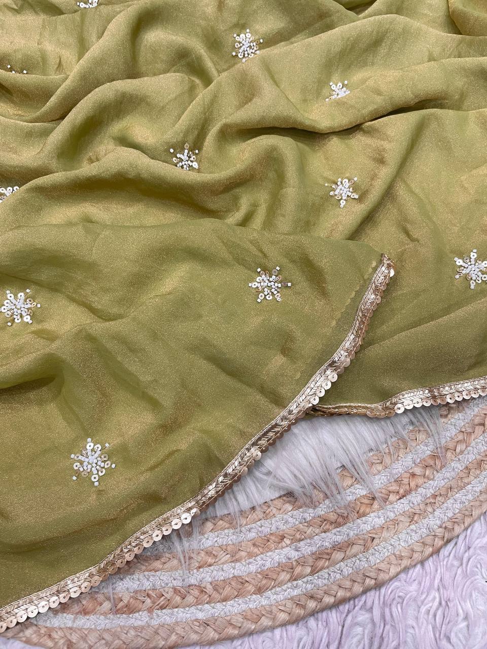 New Designer NC Moss Sattin Saree With All Over Birts Sequence Butti Work - Parrot Green