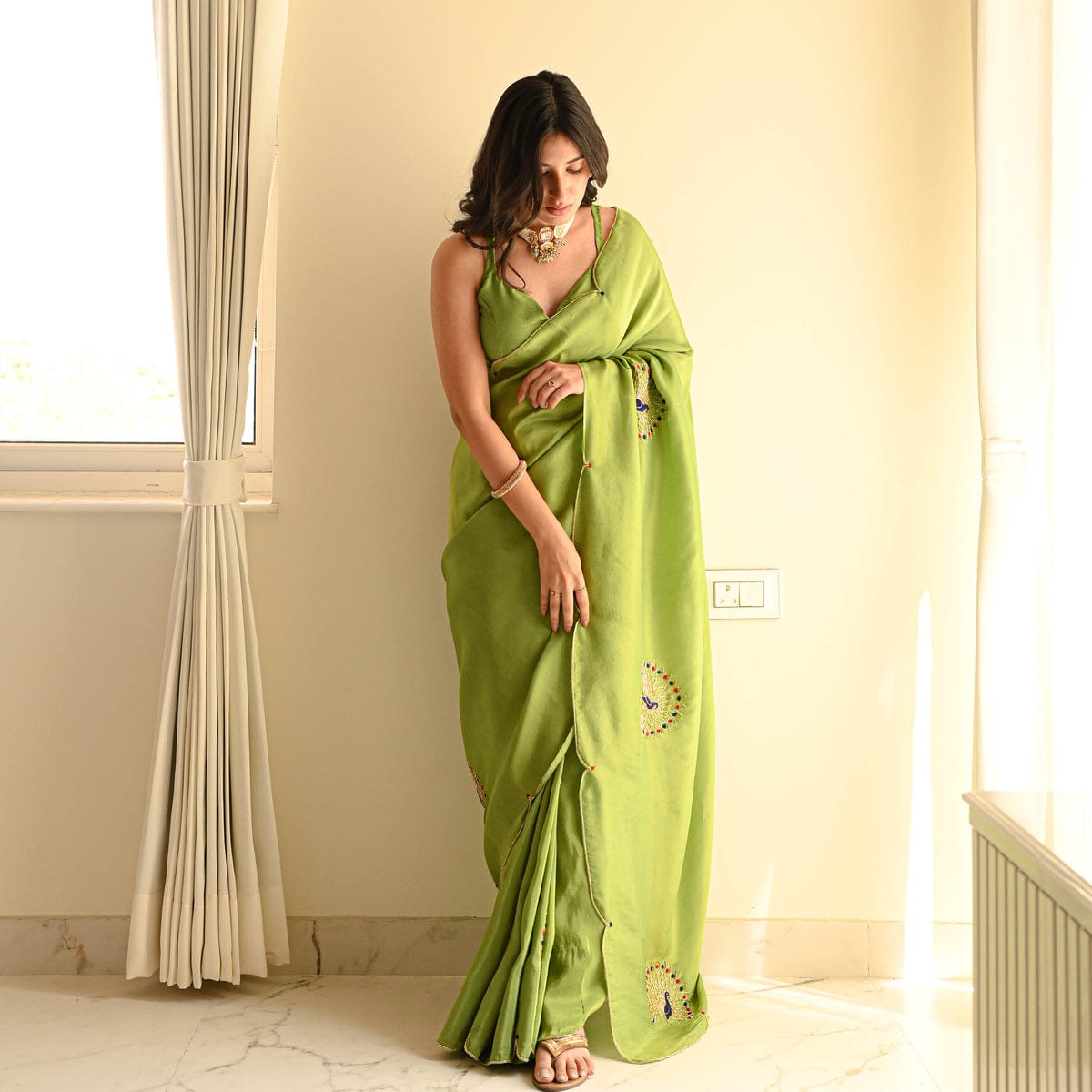 New One Minute Ready To Wear Pure Soft Malai Satin Silk Saree With Beautiful Hand worked Peacock Blooming with Same Model Patern Stiched Blouse