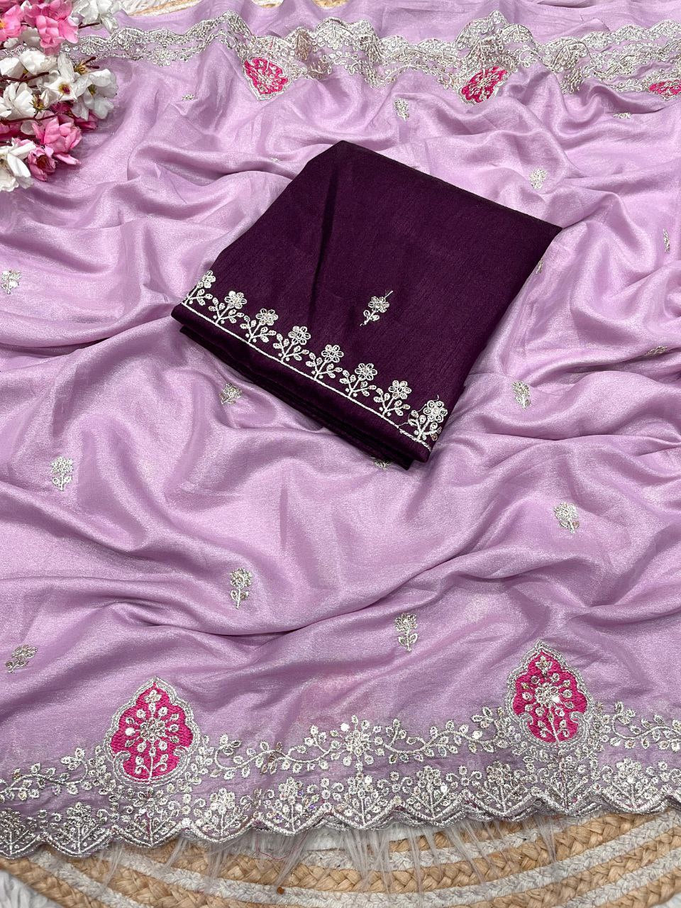 New Designer Blooming Chocolate Silk Saree With Multi Embroidery work - Pastel Purple