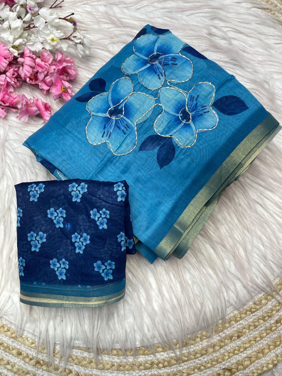 New Designer Digital Printed Chanderi Cotton Saree - Blue