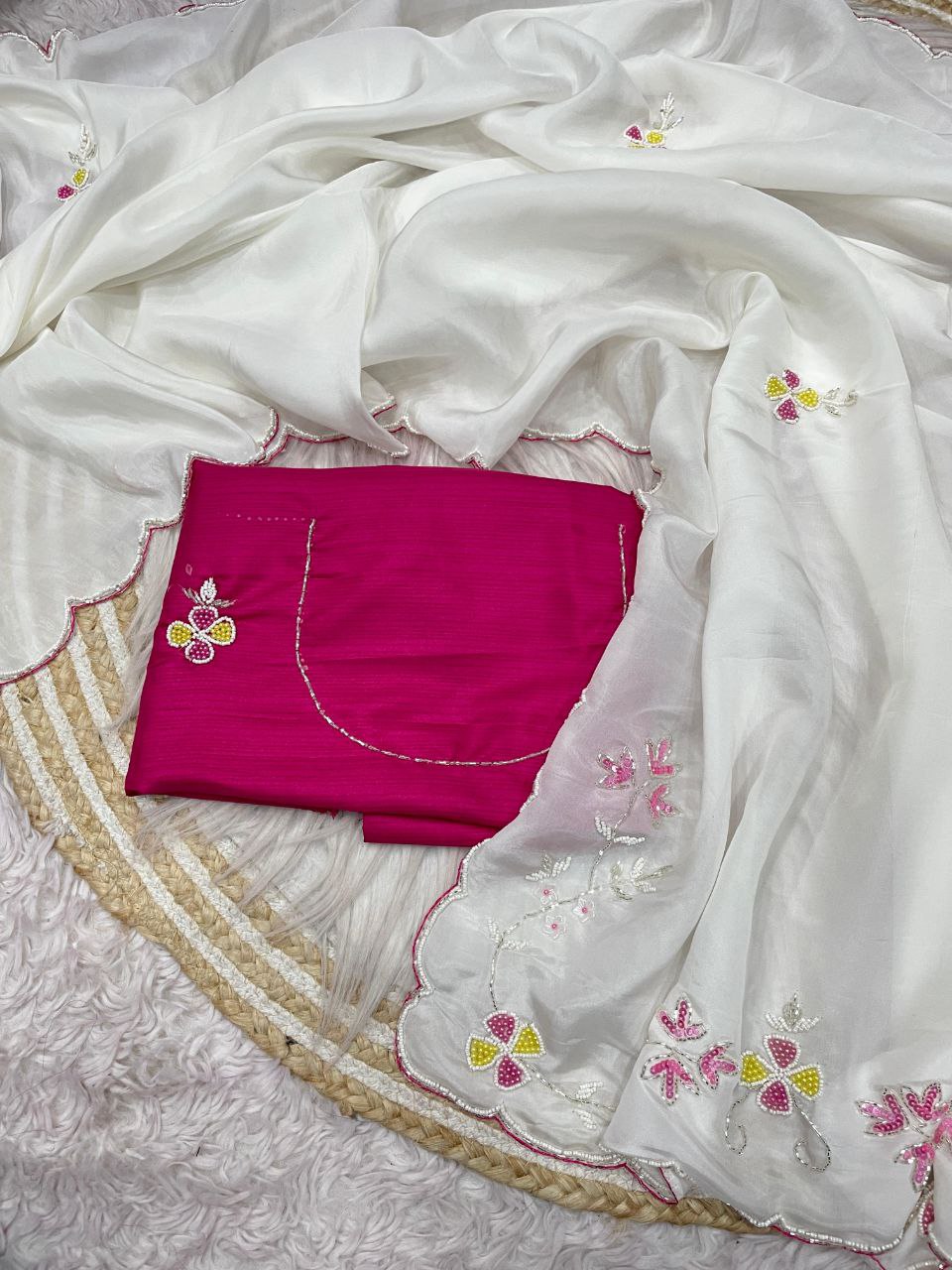 New Designer HO Silk Saree With Arco Border Cutdana Hand Work - White