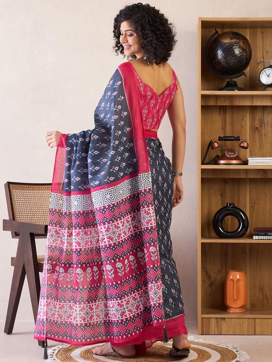 New One Minute Ready To Wear Flower Designed Pure Soft Mul Cotton Silk Navy Blue Saree With  Pocket Along With Running Unstiched Blouse Piece