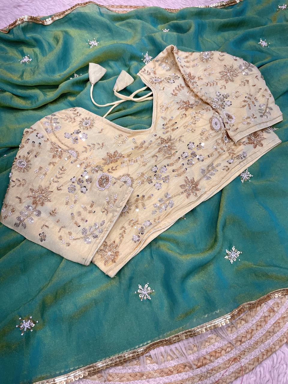 New Designer NC Moss Sattin Saree With All Over Birts Sequence Butti Work - Teal Green