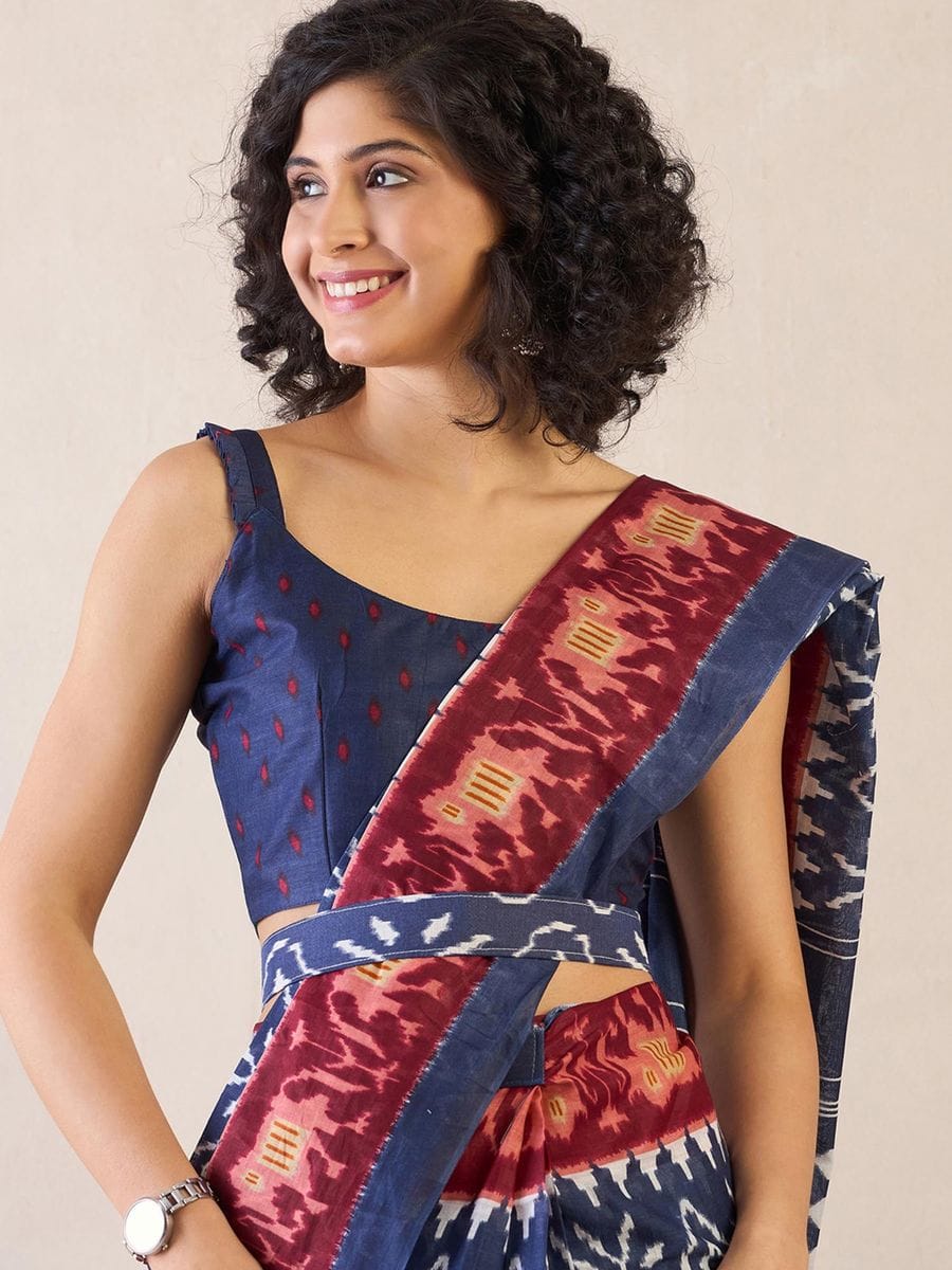 New One Minute Ready To Wear Flower Designed Pure Soft Mul Cotton Silk Navy Blue Saree With  Pocket Along With Same Model  Unstiched Blouse Piece