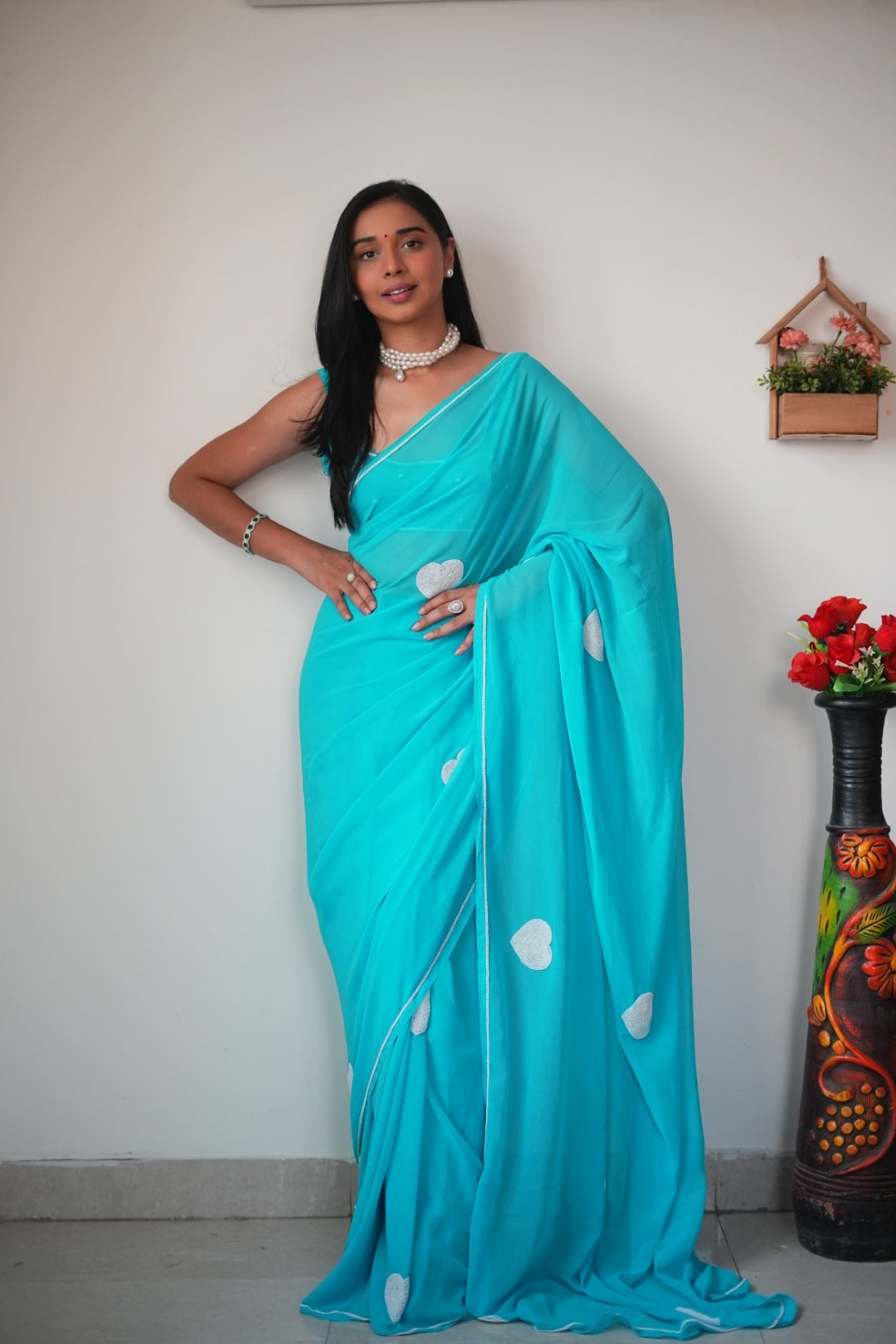 New One Minute Ready To Wear White Heart Embroideried Pure Soft Georgette Silk Ocean blue Saree