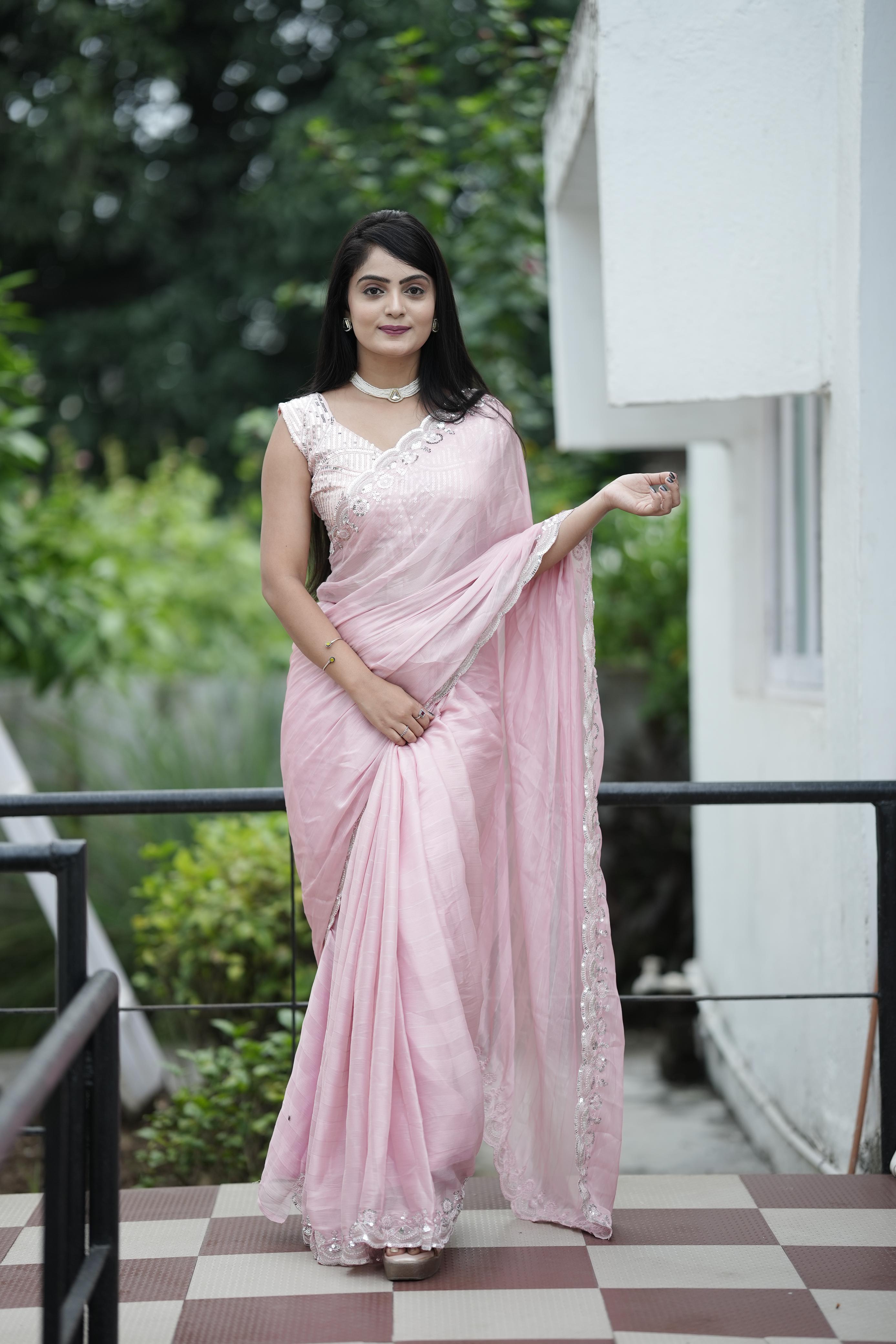 New exclusive designer Party Wear Soft chiffon with weaving zari line Sequance And Multi C Pallu Embroidery Worked Saree with Unstitch Blouse Piece