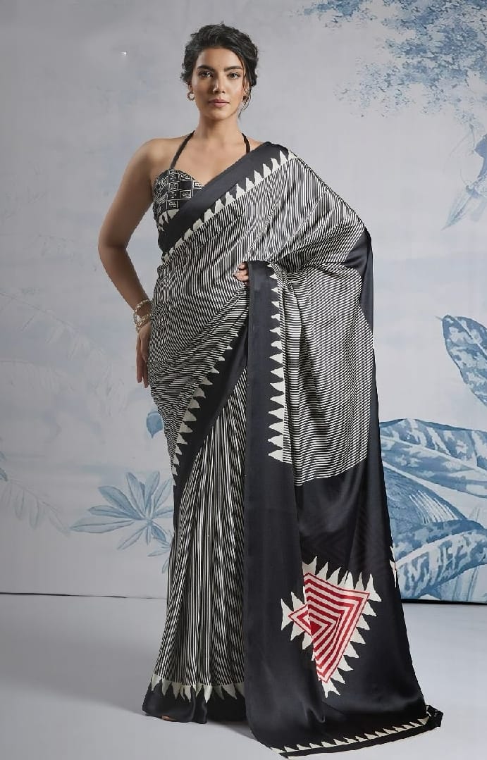 New One Minute Ready To Wear Digital Printed Crape Silk Black Saree